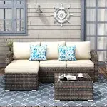 Suntone Patio Furniture Set All Weather Wicker Outdoor Sectional Patio Couch Rattan Patio Sectional with Table and Chairs, 3 Piece Patio Sofa Set, Be