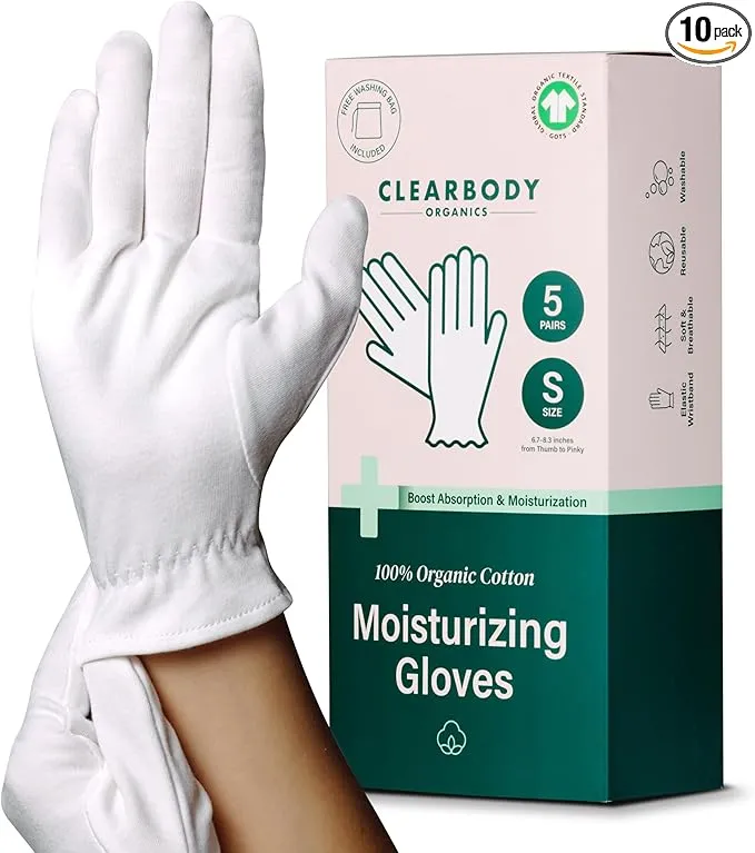 Clearbody Organics White Organic Cotton Gloves 5 Pairs 100% Organic Cotton Gloves For Dry Hands Reusable Moisturizing Gloves