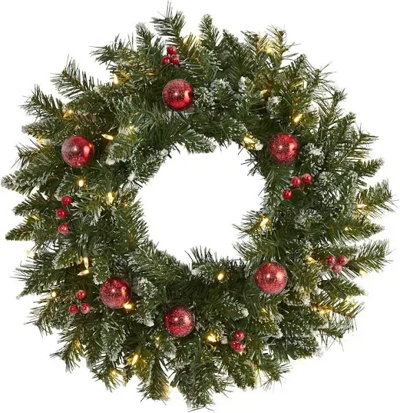 24&#034; Frosted  Christmas Wreath with 50 Warm White LED Lights