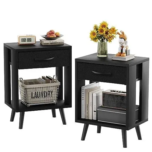 Set of 2 Nightstands with Fabric Storage Drawer and Open Wood Shelf