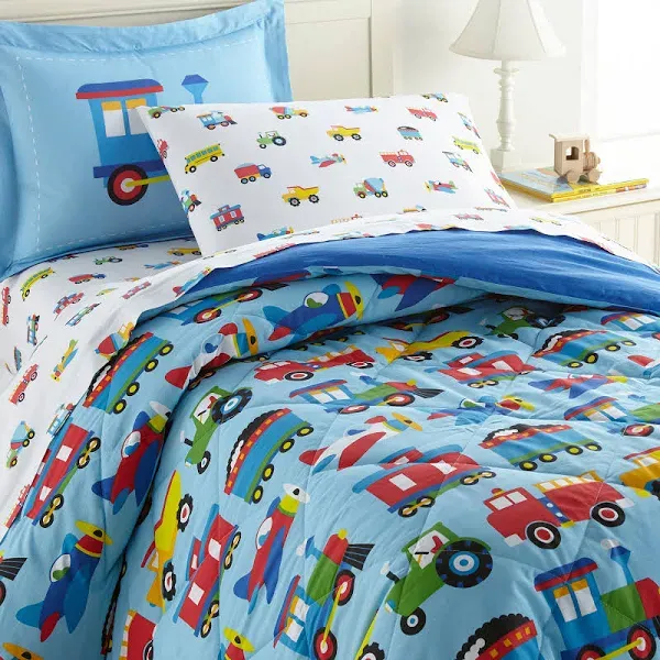 Blue Trains Planes Trucks Cotton Comforter Set Toddler Twin Full/Queen Boys Bedding