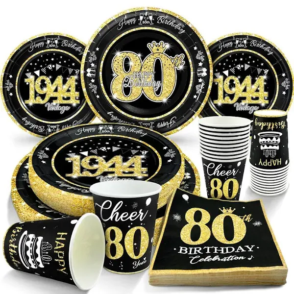 Vintage Black Gold 80th Birthday Party Set for 30 Guests Plates Cups Napkins