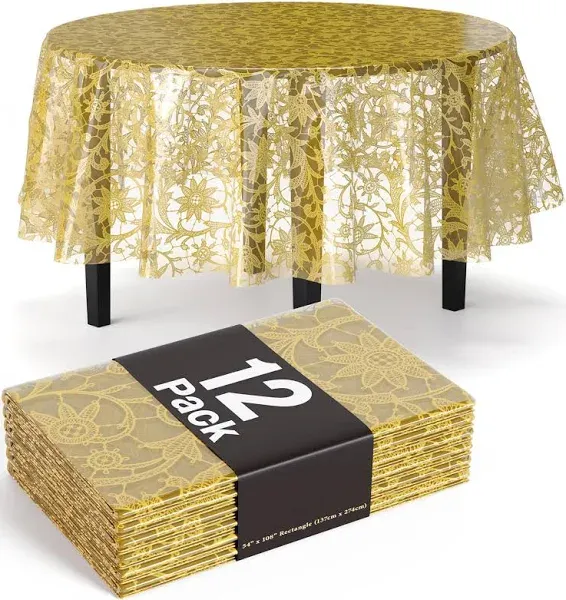 Exquisite Gold Lace Round Tablecloth Disposable 12-Pack Tablecloths | 84" Plastic Table Cloth Disposable Clear Table Cover | Gold Round Tablecloth | Round Plastic Tablecloth Lace Tablecloth