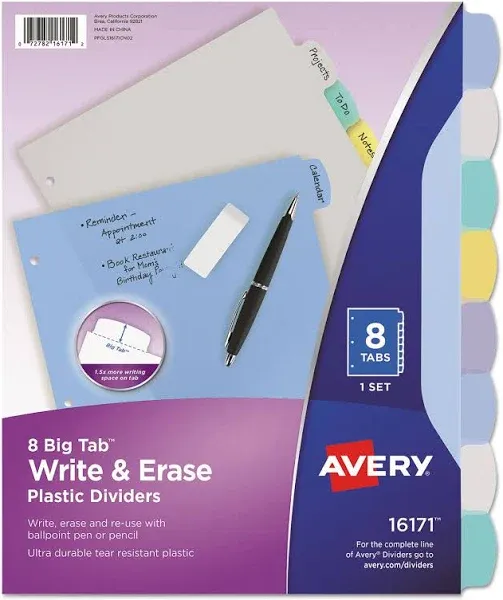 Avery® Write and Erase Big Tab Durable Plastic Dividers, 3-Hold Punched, 8-Tab, 11 x 8.5, Assorted, 1 Set (AVE16171)