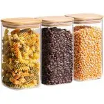 ComSaf Airtight Glass Storage Canister with Wood Lid(44oz), Set of 3 Glass Jars with Lids, Clear Food Storage Container Jar with Sealing Lids for Flour Cereal Rice Oat Sugar Tea Coffee Beans, Round