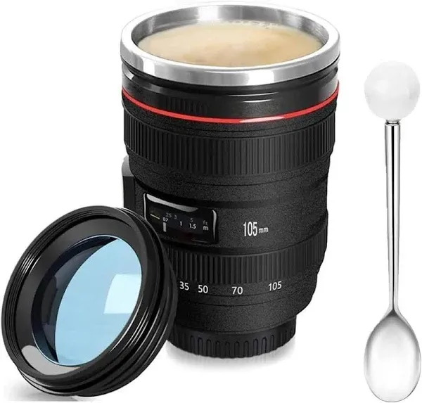 Camera Lens Coffee Mug 350ml Tumbler with Transparent Lid,Black