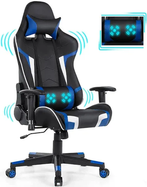 GYMAX Gaming Chair, Massage Gaming Chairs for Adults with Headrest, Lumbar Support & Armrest, Video Computer Reclining Gaming Chair, Office Desk Gamer Task Chair (Blue)