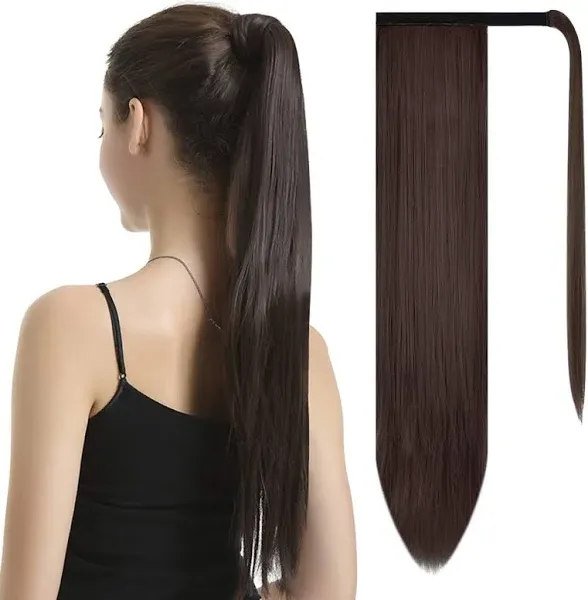 BARSDAR 26 inch Ponytail Extension Long Straight Wrap Around Clip in Synthetic Fiber Hair for Women - Dark Brown Mix Auburn Evenly