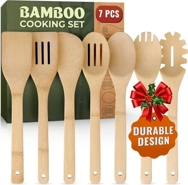 7 PCs Wooden Cooking Utensils set, Bamboo Wooden Spoons for Cooking – Easy to Clean Wooden Kitchen Utensils, Sturdy, Lightweight & Heat Resistant