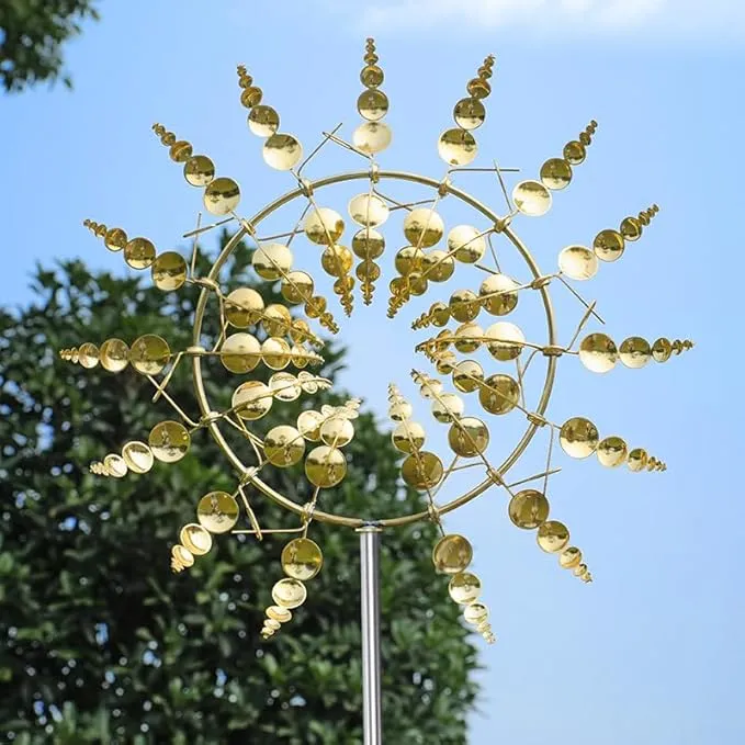 Unique and Magical Metal Windmill，3D Wind Kinetic Sculpture，Metal Wind Spinners Suitable for Outdoor Garden，Kinetic Metal Wind Spinners for Yard and Garden (Gold)