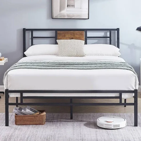 VECELO Queen Size Bed Frame with Headboard, Heavy-Duty Platform with Metal Slats Support, No Box Spring Needed/Easy Assembly, Black & Wood