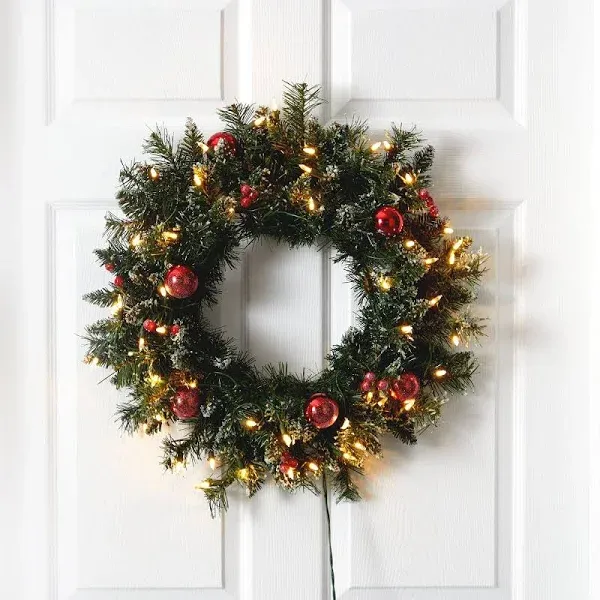 24” Frosted Artificial Christmas Wreath with 50 Warm White LED Lights, Ornaments and Berries