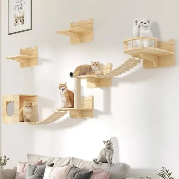 DWVO Cat Wall Shelves and Perches for Wall, Solid Wood Wall Mounted Cat Furniture, Set of 9 Cat Climbing Shelves with Moon Cat Wall House, Cat Wall