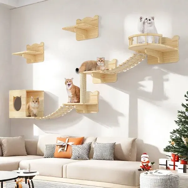  Cat Wall Shelves and Perches for Wall, Wooden Wall Mounted Cat 9 piece set