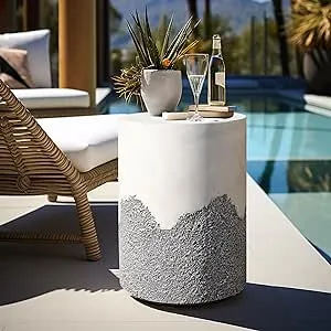 LuxenHome Gray and White Cement Round Outdoor Side Table