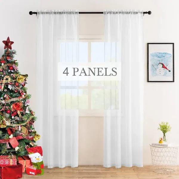 Anjee 4 Panels White Sheer Curtains Long Rod Pocket Semi Sheer Voile Drapes Window Treatment Bedroom