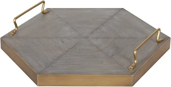  Sade Decorative Hexagon Tray with Handles, 16&#034;, Concrete Gray and Gold, 