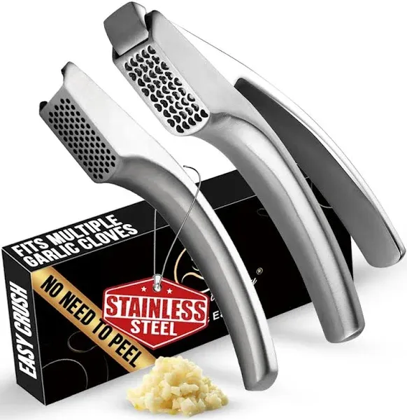 Gourmet Easy No Peeling Required Garlic Press Stainless Steel with Two Detachable Handles for Coarse & Fine Mincing - Premium Garlic Mincer Tool, Easy to Clean, D