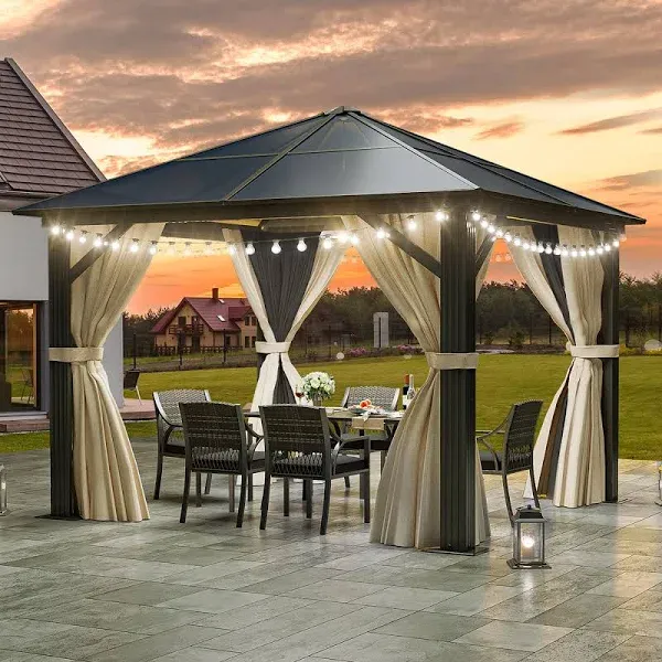 YITAHOME Gazebo Hardtop Outdoor Polycarbonate Canopy with Netting and Shaded Curtains