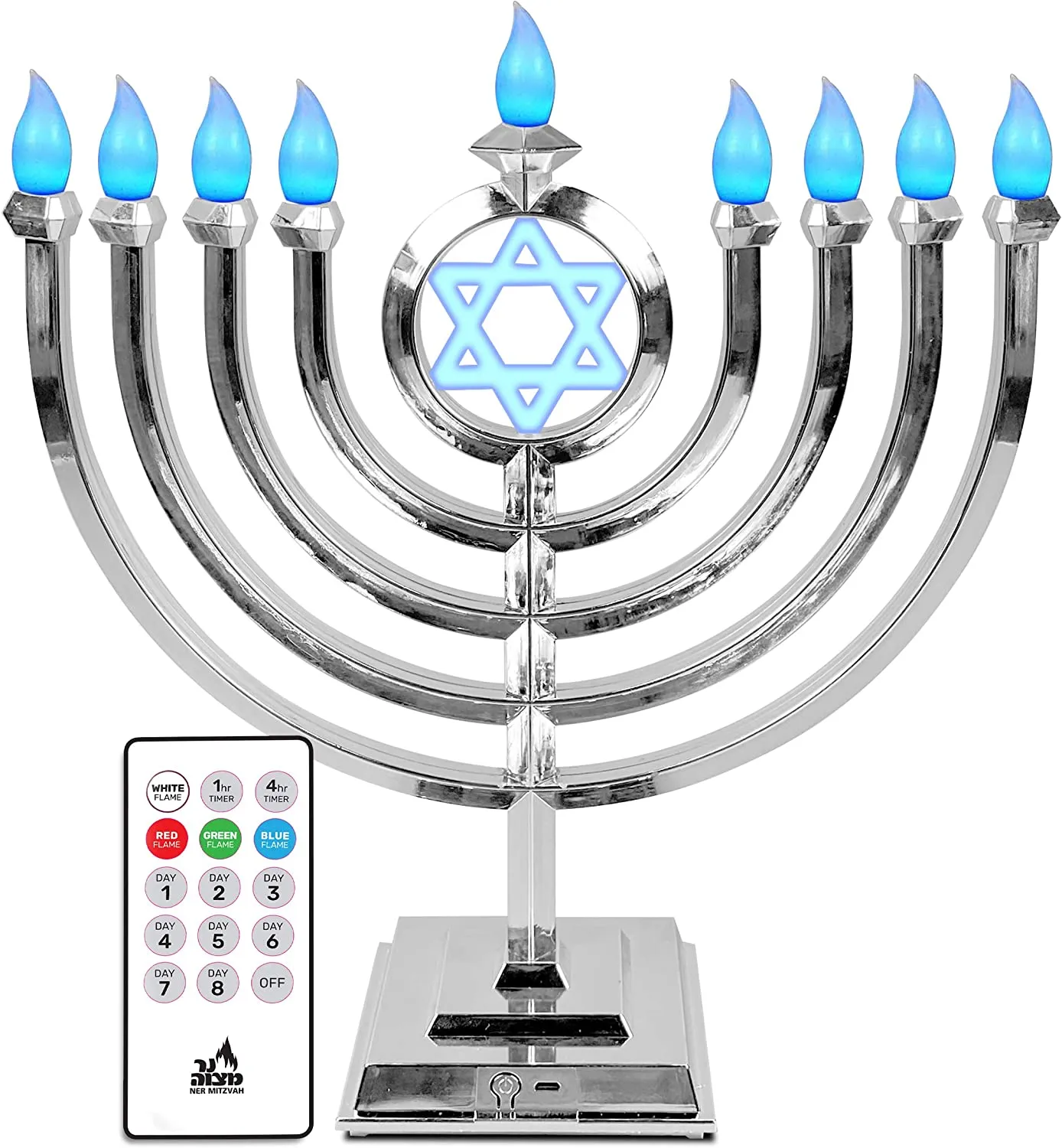 LED Electric Hanukkah Menorah - Color Changing LED Traditional Classic Chanukah Menorah with Remote- Battery or USB Powered - Included - Silver