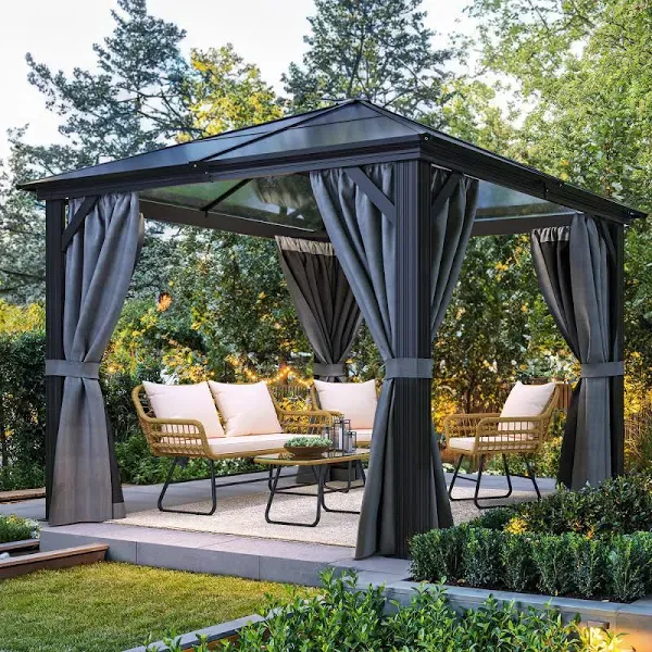 YITAHOME Gazebo Hardtop Outdoor Polycarbonate Canopy with Netting and Shaded Curtains