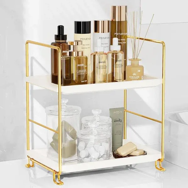 FSyueyun 2-Tier Bathroom Countertop Organizer, Tool-less Installation Premium Plastics Makeup Shelf Organizer Perfume Skincare for Dresser Vanity