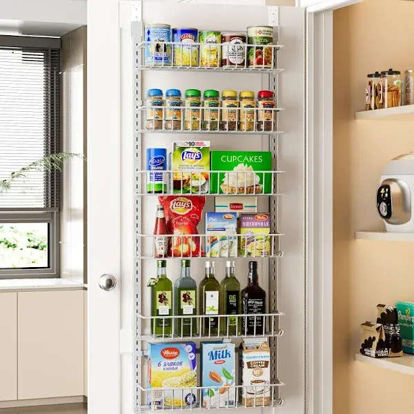 Delamu Over the Door Pantry Organizer, Adjustable Pantry Door Organizer, 6-Tier Over the Door Spice Rack, Metal Over the Door Organizer, Kitchen Pantry Organizers and Storage, D5 W16.6 H52.1 in, White