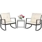 Suncrown Outdoor 3-Piece Rocking Bistro Set: Black Wicker Furniture-Two Chairs with Glass Coffee Table