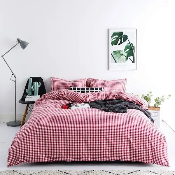 Red Gingham Duvet Cover King Size 100% Washed Cotton Vintage Plaid Duvet Cove...