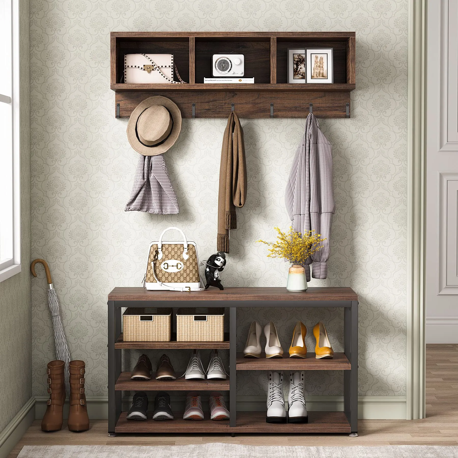 Industrial [Shoe] [Rack] [Bench] with Coat [Rack] Set with Hall Tree, 3 Stora...