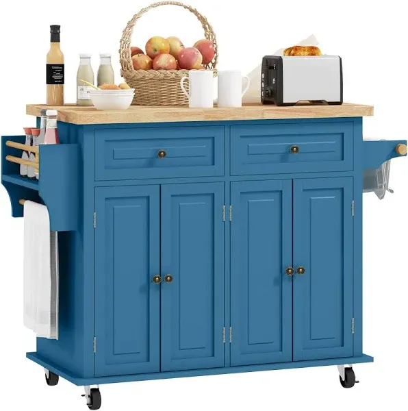 HOMCOM Kitchen Island on Wheels, Rolling Cart with Rubberwood Top, Spice Rack, Towel Rack and Drawers for Dining Room, Turquoise