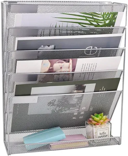 EASEPRES File Organizer Mesh 5-Tier Black Hanging File Organizer Vertical Holder Rack for Office Home, Silver