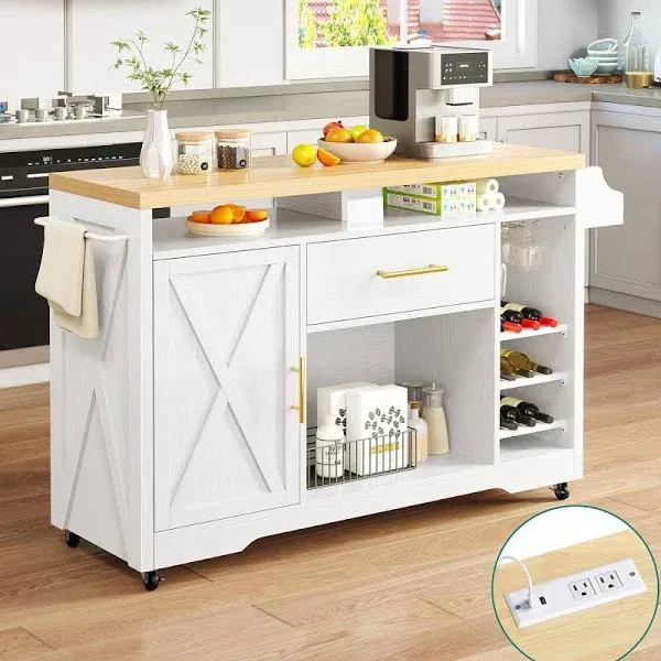 YITAHOME 53 Inch Large Kitchen Island with Power Outlet & Wine Storage, Portable Rolling Islands Cabinet on Wheels Farmhouse w Thick Table Top Drawer Glass Holder Spice Rack, White & Oak