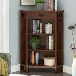 Leick Home Mantel Height 3 Shelf Corner Bookcase with Drawer Storage, Mission Oak