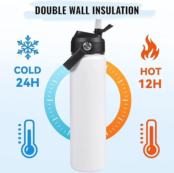 24oz Insulated Stainless Steel Water Bottle, Wide Mouth Double Wall Vacuum, Silicone Straw, Sweat & Leak Proof, BPA Free Insulated Water Flask for Travel, Keep Cold 24h Hot 12h, White