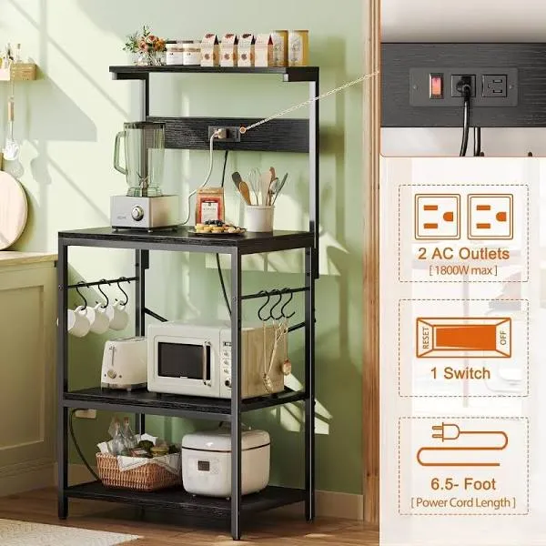 Stylish Black Kitchen Storage Rack with Power Outlets - Multi-Function<wbr/>al Use