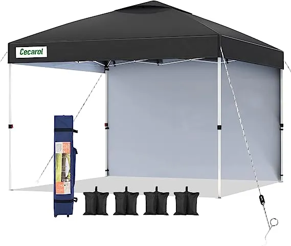 Cecarol S10 Pro 10x10 Pop Up Canopy Tent, Easy Setup Outdoor Instant Shelter for Patio, Exhibition, Picnic, Lightweight Canopy with 1 Removable Sidewall, 4 Sand Bags, 1 Roller Bag (Black)