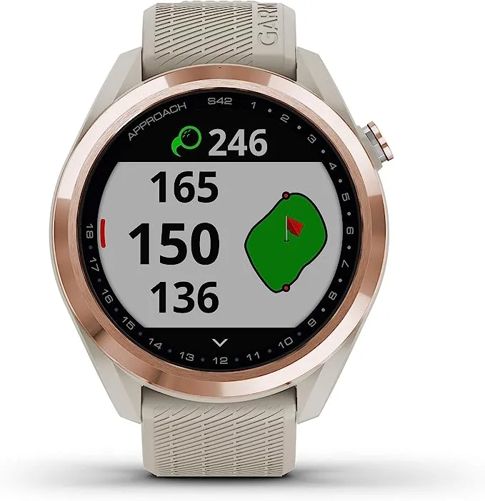 Garmin Approach S42, GPS Golf Smartwatch, Lightweight with 1.2" Touchscreen, 42k+ Preloaded Courses, Rose Gold Ceramic Bezel and Tan Silicone Band, 010-02572-12