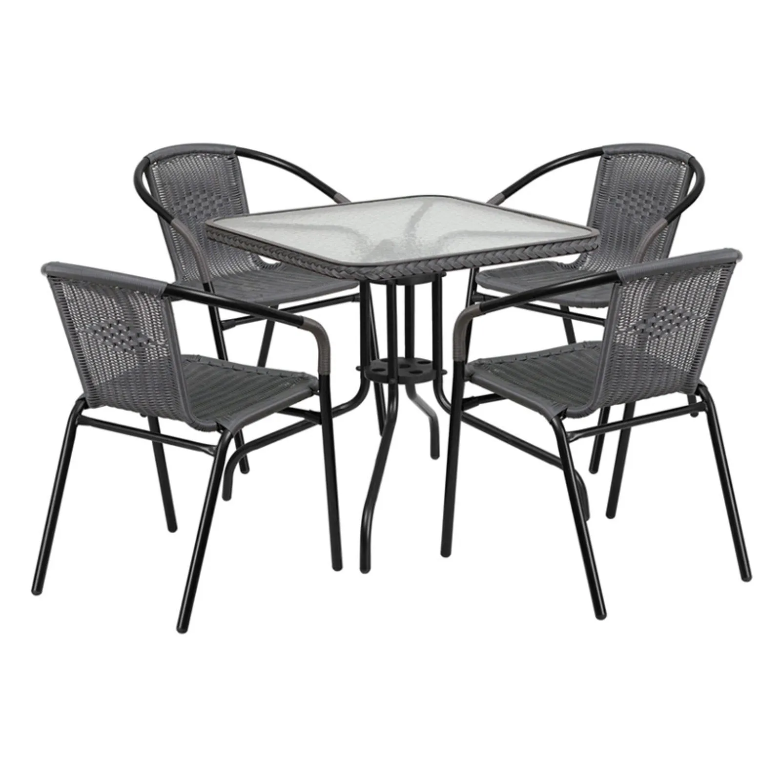 Flash Furniture 28'' Square Glass Metal Table with Gray Rattan Edging and 4 Gray Rattan Stack Chairs