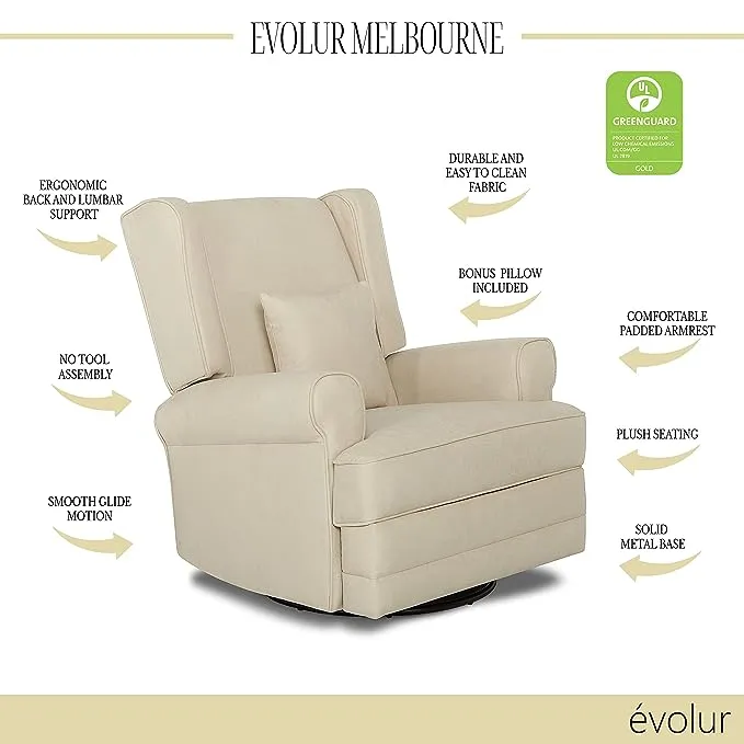 Evolur Melbourne Upholstered Seating Wing Back Glider Swivel, Glider Chair for Nursery in Iron, Greenguard Gold Certified Modern Nursery Recliner With a Bonus Pillow, Tool-Free Assembly, Easy to Clean