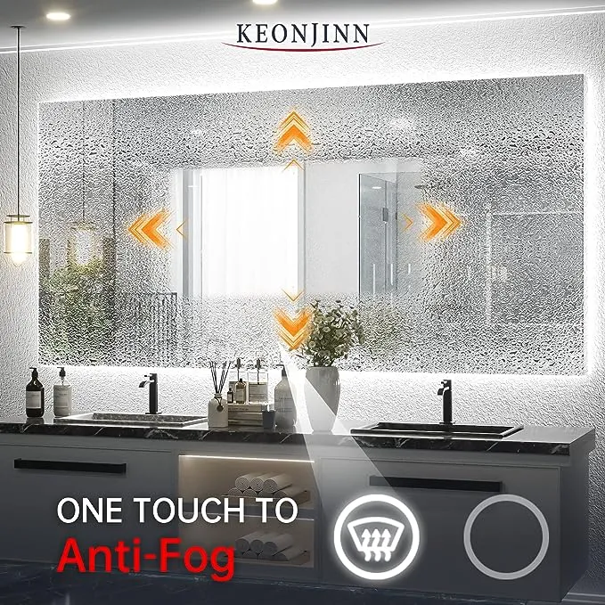 Keonjinn Backlit Mirror 72 x 36 inch LED Bathroom Mirror with Acrylic Wrapped Light Strips, Anti-Fog, Stepless Dimmable, Large Lighted Vanity Mirror