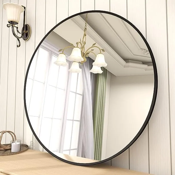 BEAUTYPEAK 24" Wall Mirror Bathroom Mirror Wall Mounted Round Mirror, Black