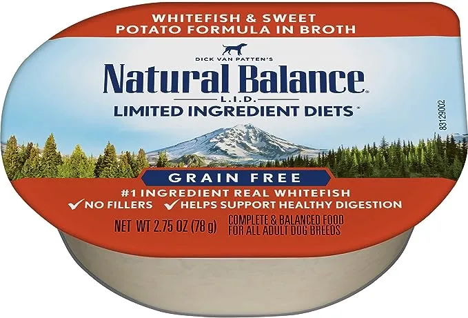 Natural Balance L.I.D. Limited Ingredient Diet Grain Free Flaked White Fish and Sweet Potato Formula in Broth Dog Food Cups - 2.75-oz, Case of 24