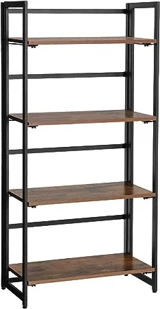 VASAGLE Industrial Bookshelf Folding Bookcase 4-Tier Ladder Shelf Wood Look Accent Furniture with Metal Frame for Home Office Sturdy and Stable Rustic