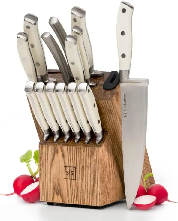 White and Gold Knife Set with Sharpener - 14PC Self Sharpening Knife Block Set - White and Gold Kitchen Accessories - Bed Bath & Beyond - 40142492