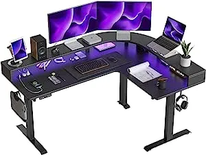 FEZIBO L Shaped Standing Desk with Arc LED & Power Outlet, Exclusive Uprated 3 Motors Support 330LBS, Electric Height Adjustable L Shaped Desk with Large Monitor Stand, for Gaming Office, Black