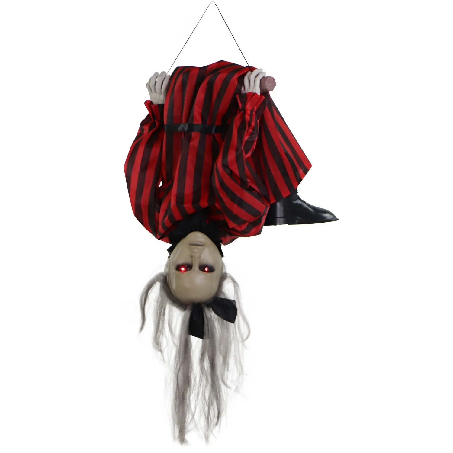 Haunted Hill Farm Upside-Down Zombie Woman Animatronic with Trapeze, Sound, and Light-Up Eyes for Scary Hanging Halloween Decoration