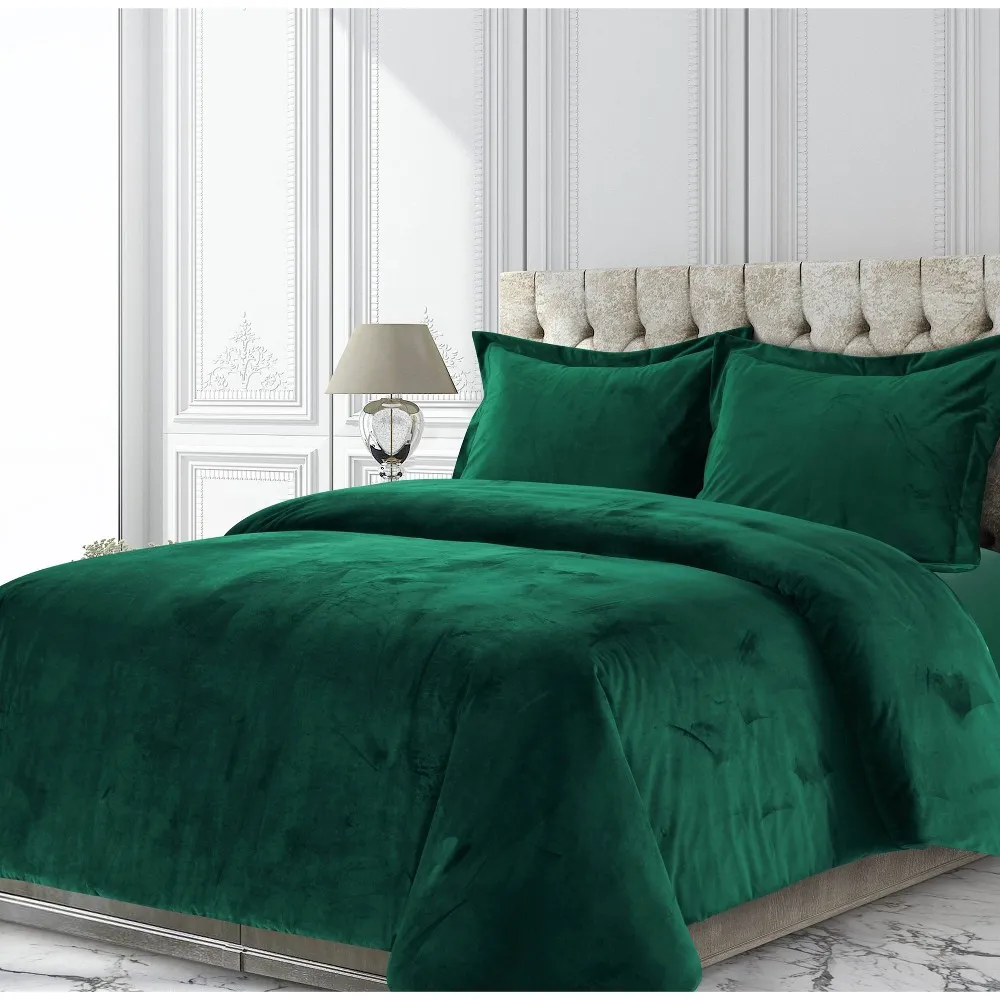 Tribeca Living VENICEDUVET Venice Velvet Oversized Solid Duvet Set,3pcs Queen, Emerald Green