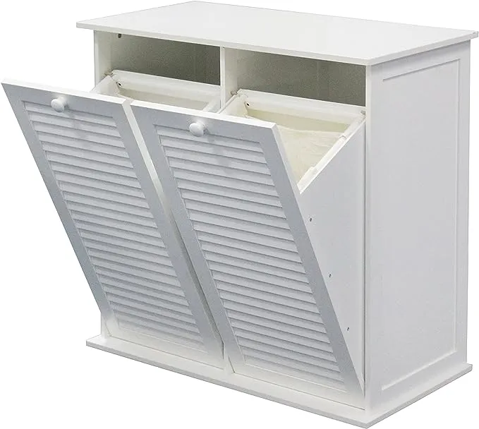 eHemco Dual Hamper Tilt Out Laundry Sorter with 2 Removable Compartment Cotton Bags, White