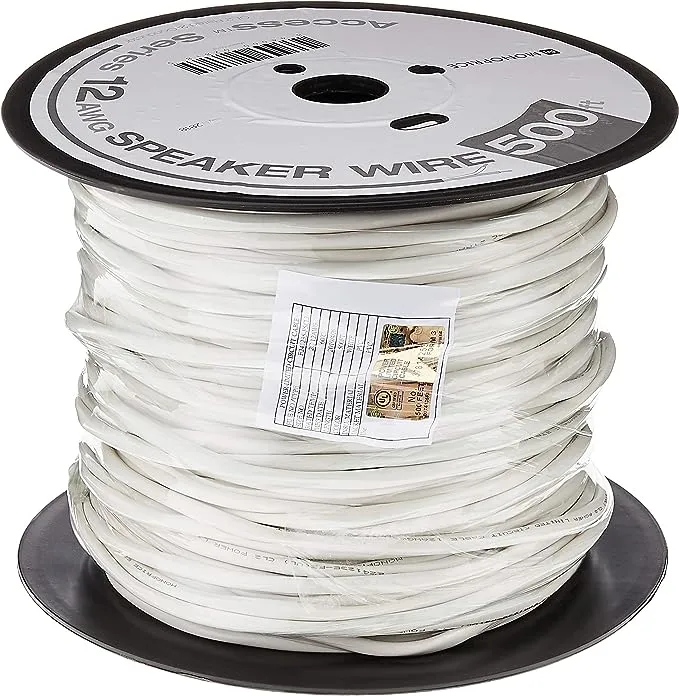 Monoprice 102818 Access Series 12 Gauge AWG CL2 Rated 2 Conductor Speaker Wire/Cable - 500ft Fire Safety in Wall Rated, Jacketed in White PVC Material 99.9% Oxygen-Free Pure Bare Copper